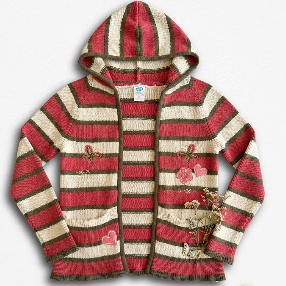 Kids Play Striped Hooded Knit Sweater Red Green White Butterfly Heart Size 6X